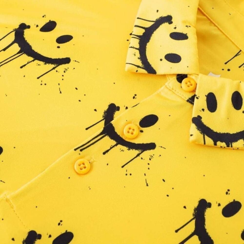 Suntasy Dry Fit Polo Golf Shirt,Yellow and Black Smiley Face Prt., NEW, Small